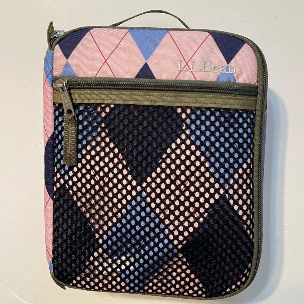 LL Bean flip top Kids lunch pail tote argyle design